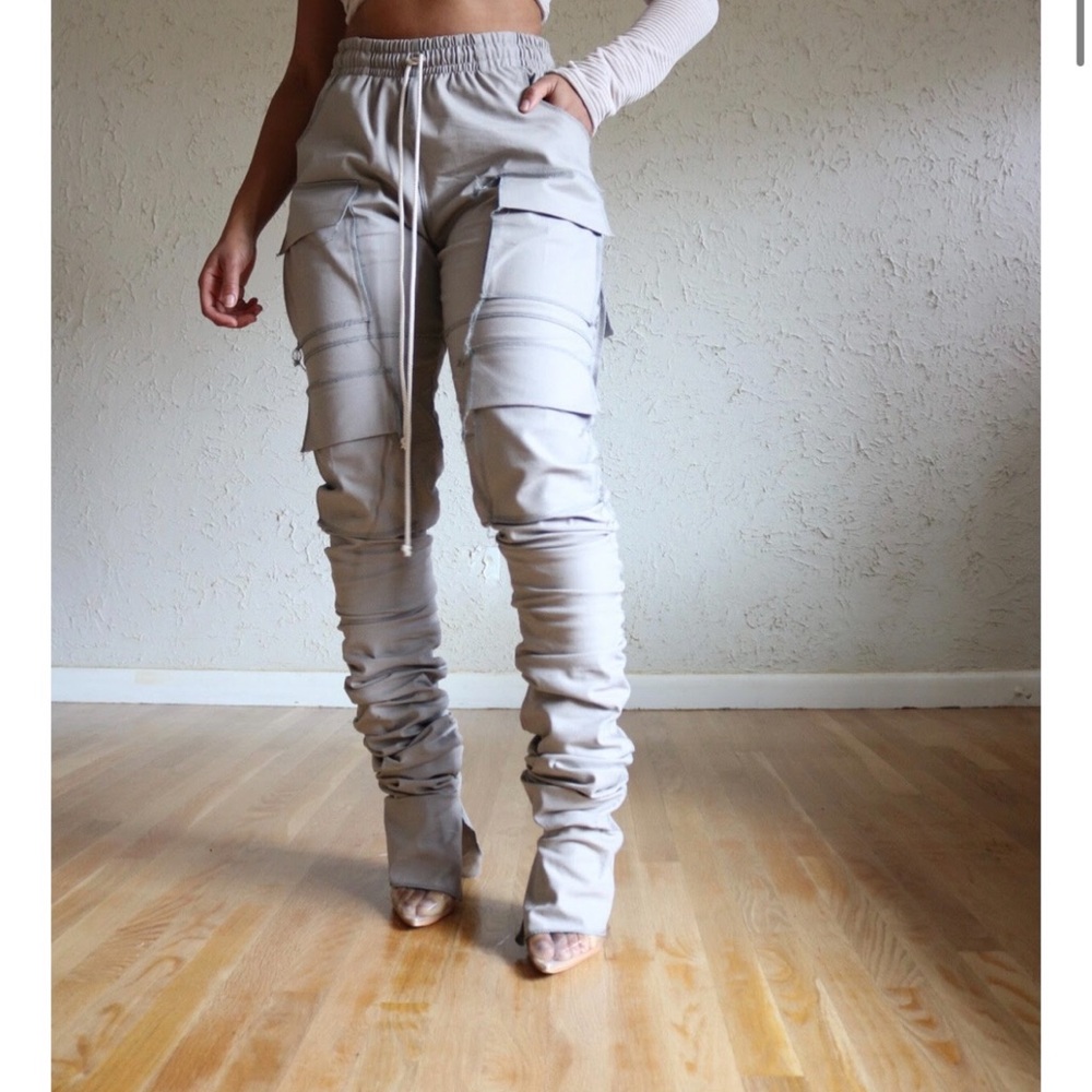 Gray High-Waisted Track Pants with Gathered Design